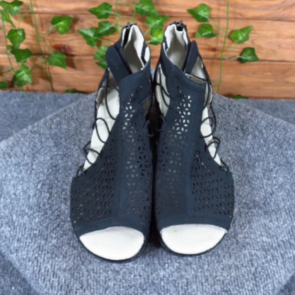 JBU Nelly Women Wedge Sandal 9.5 Fashion Travel Laser Cut Black Vegan Textile